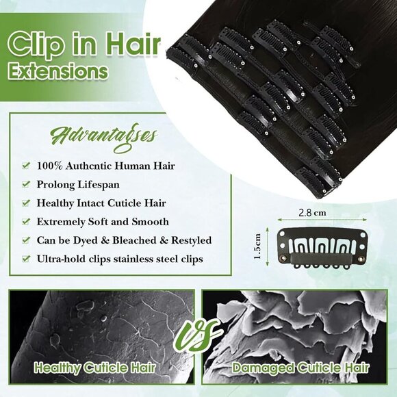 Real Human Hair Clip in Extensions 18 Inch Black Seamless Natural Volume Women main image 6
